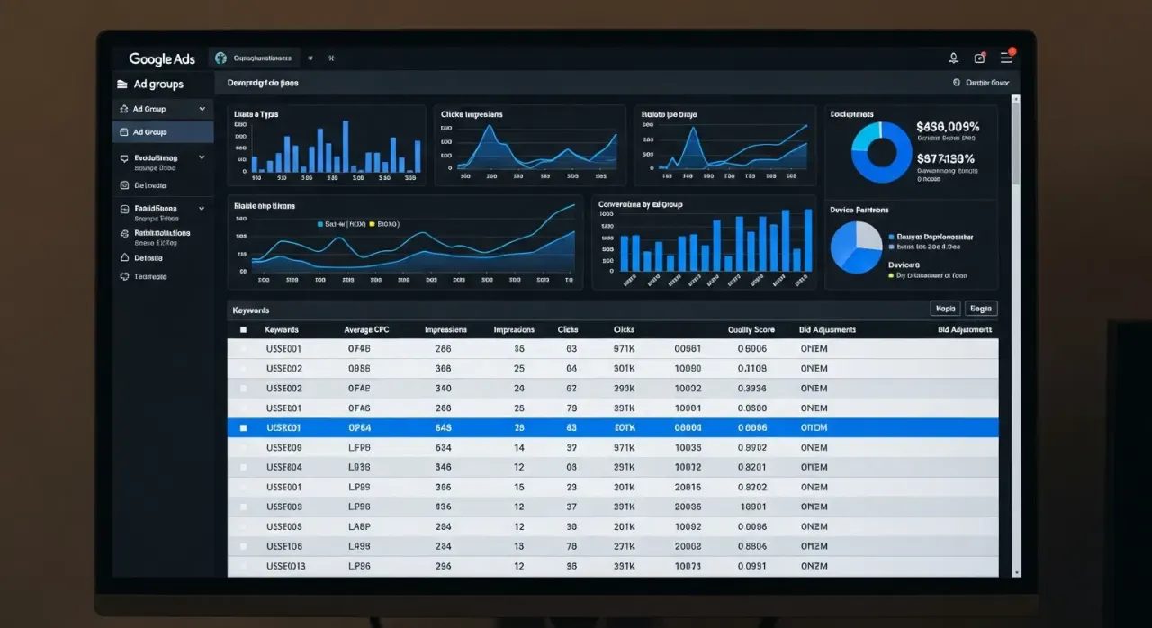Google Ads dashboard showing detailed performance metrics and keyword optimization for a plumbing company.