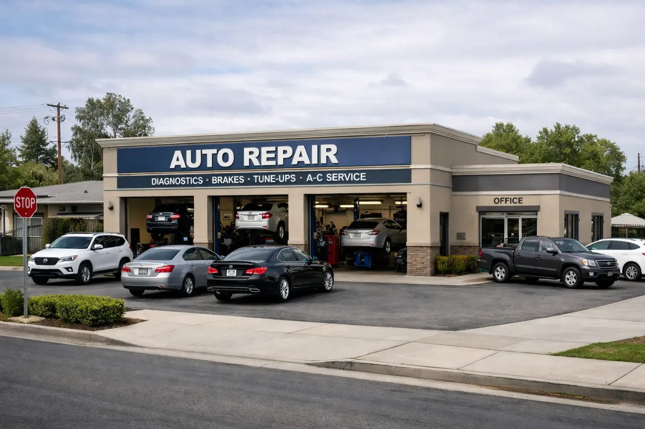 Exterior view of a professional auto repair shop representing a local business storefront using Google Ads.