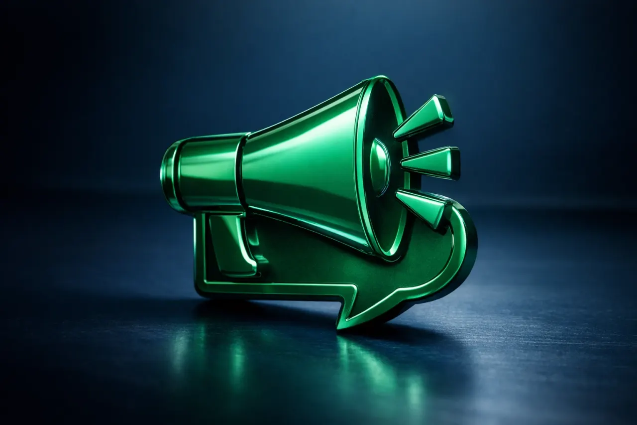 Cinematic emerald green megaphone on a deep navy desk with subtle reflections and rim lighting, representing clear ad messaging and strong calls to action