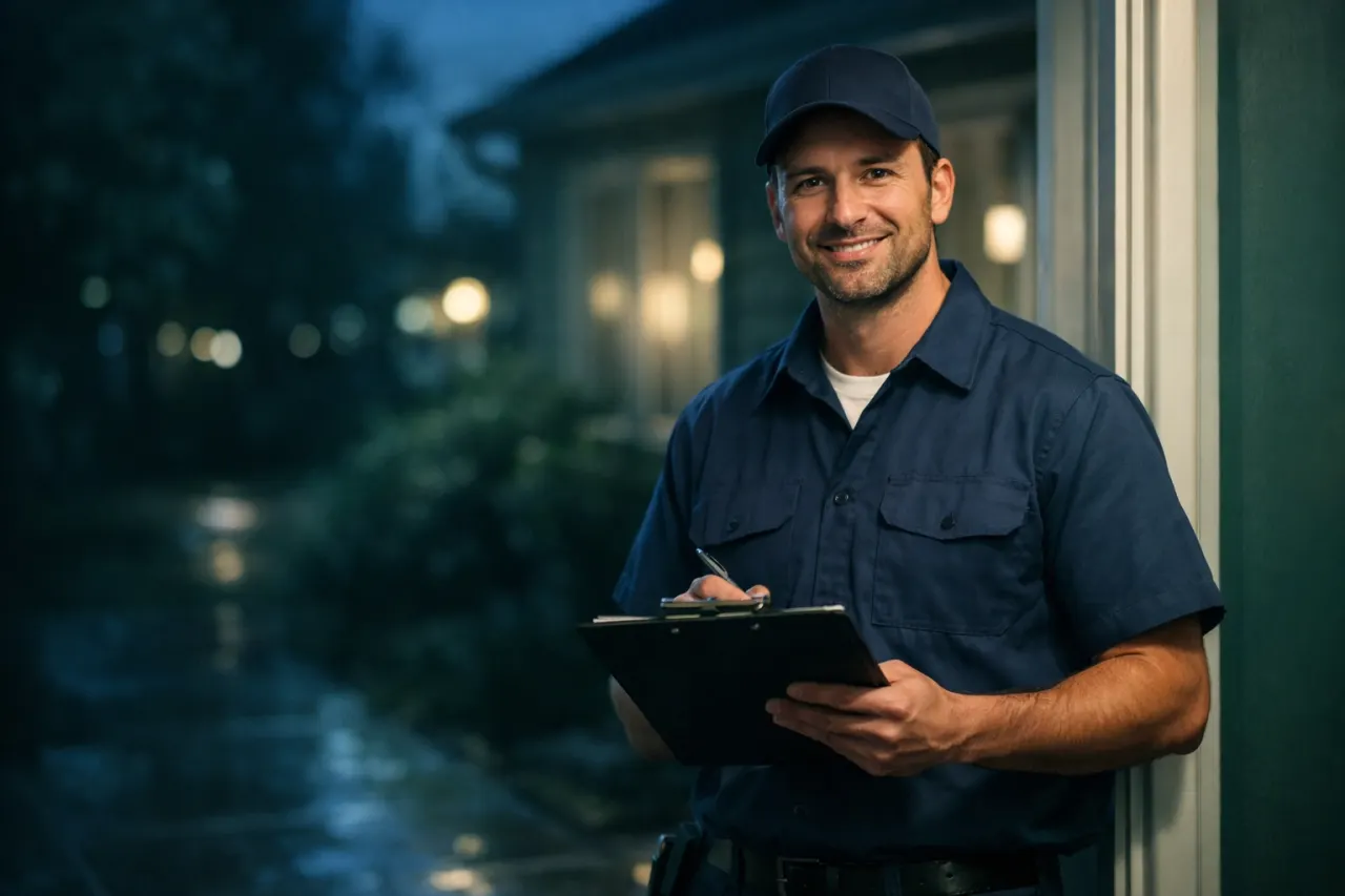 Cinematic professional local service technician at a clean residential doorway holding a clipboard, deep navy and emerald green color palette with soft evening lighting, representing local business growth