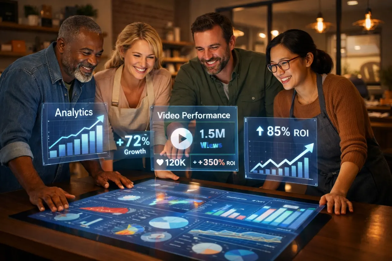 Business team analyzing video marketing performance metrics and ROI data on digital display