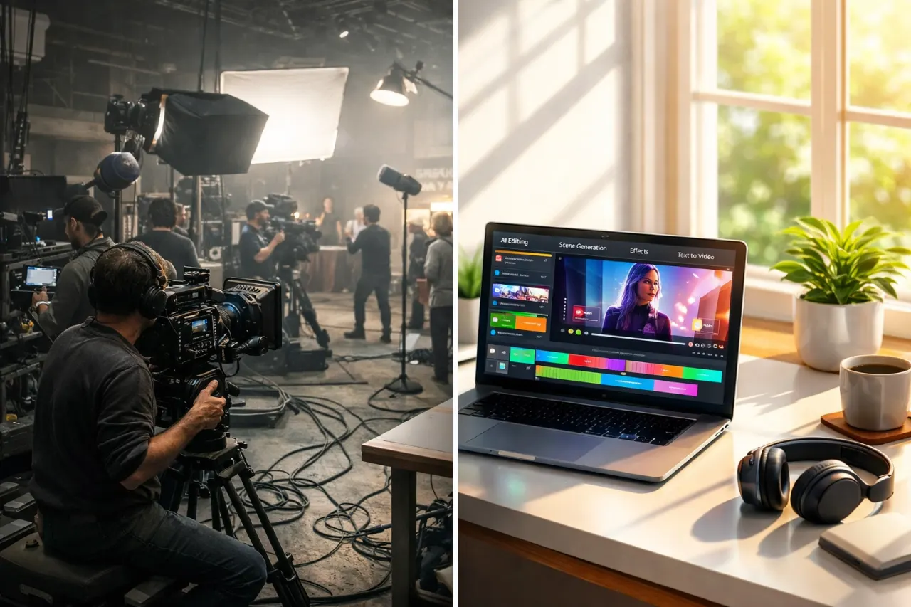 Traditional video production set compared to modern AI video editing workspace showing cost reduction