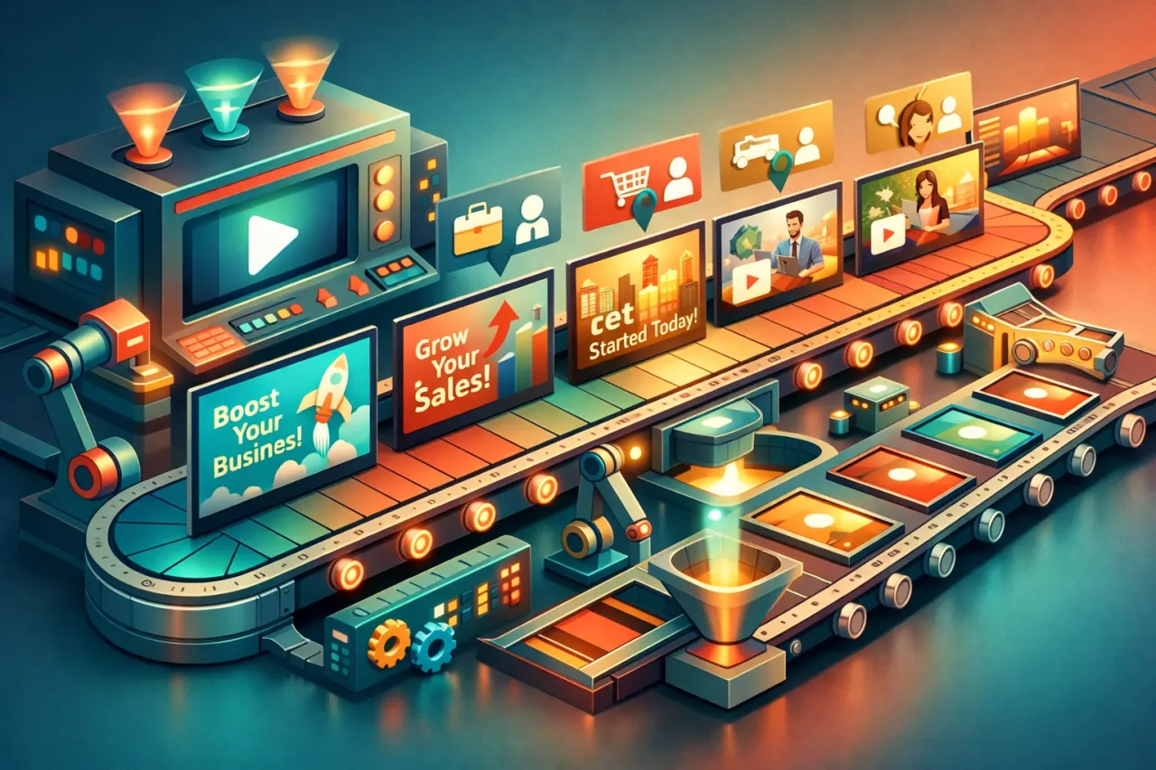 AI video creation workflow showing multiple marketing video variations in production