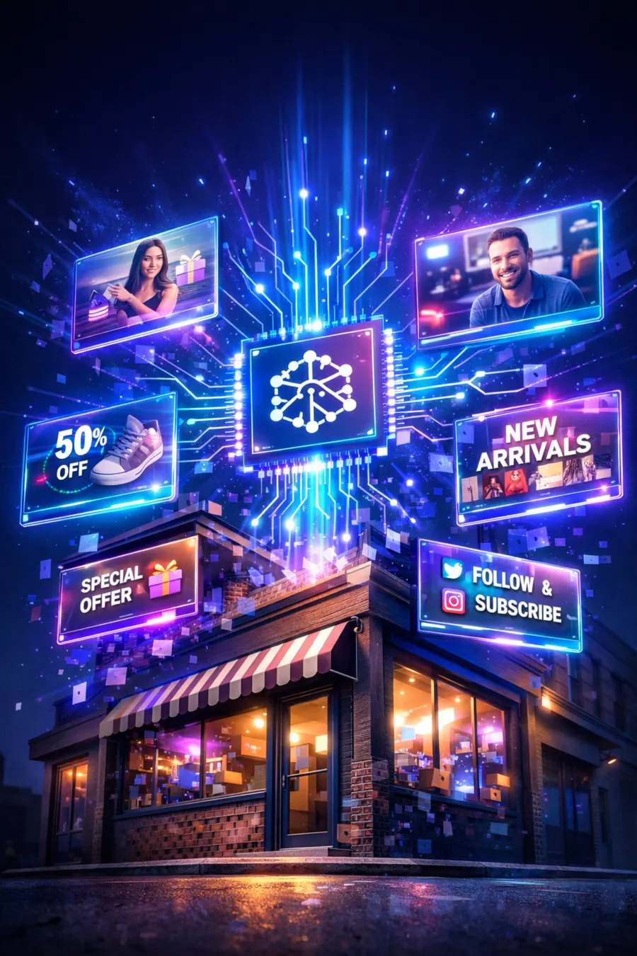 Small business storefront with AI-powered video marketing content displays