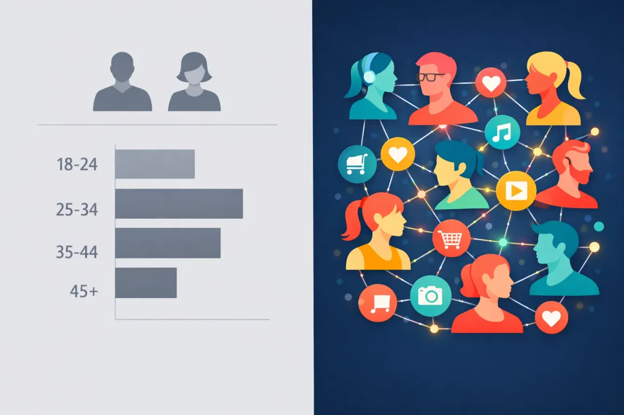 Comparison of traditional demographic targeting versus advanced AI-powered behavioral audience segmentation