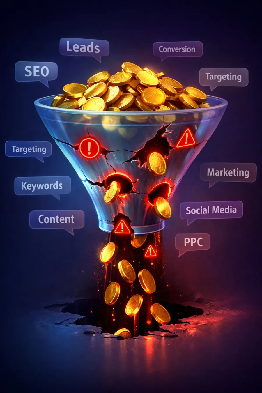 Wasted Google Ads budget from broad keywords falling through funnel with holes