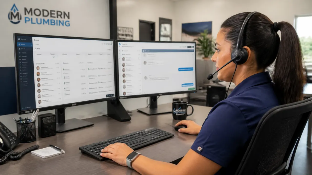 A professional plumbing dispatch office where team members are quickly responding to incoming customer leads.