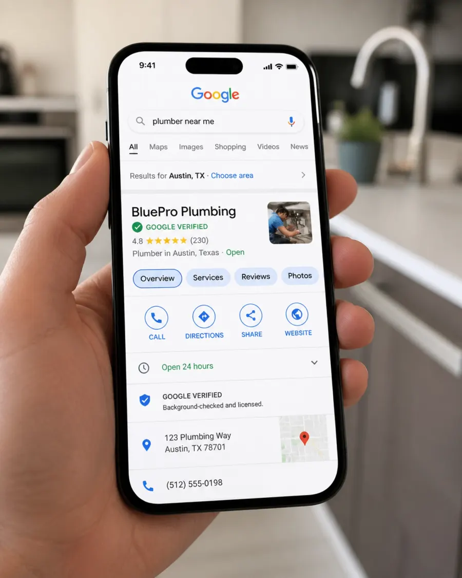 Close-up of a smartphone screen showing the Google Verified checkmark on a plumbing business profile.