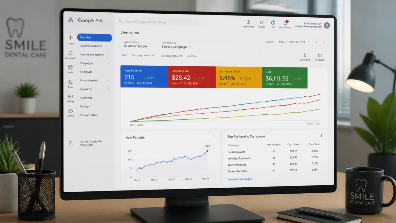 A dashboard showing dental marketing performance metrics including new patients and cost per lead.