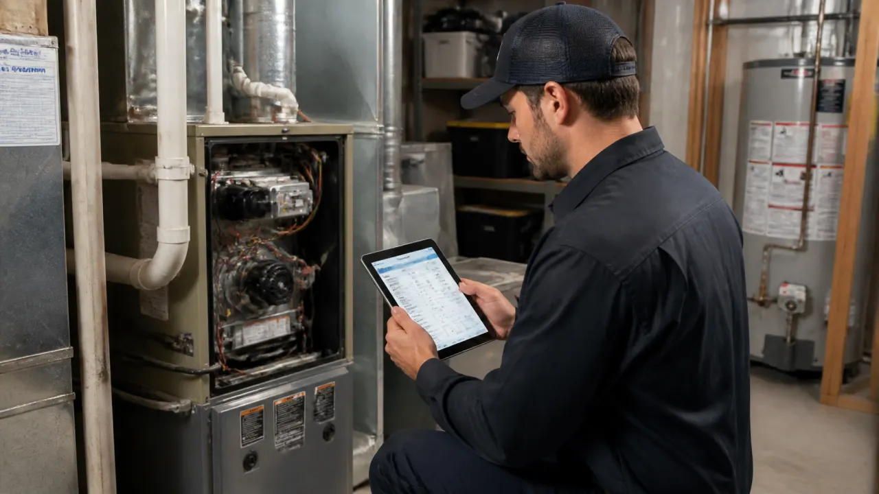 HVAC technician inspecting a residential furnace in a basement while reviewing diagnostics on a digital tablet