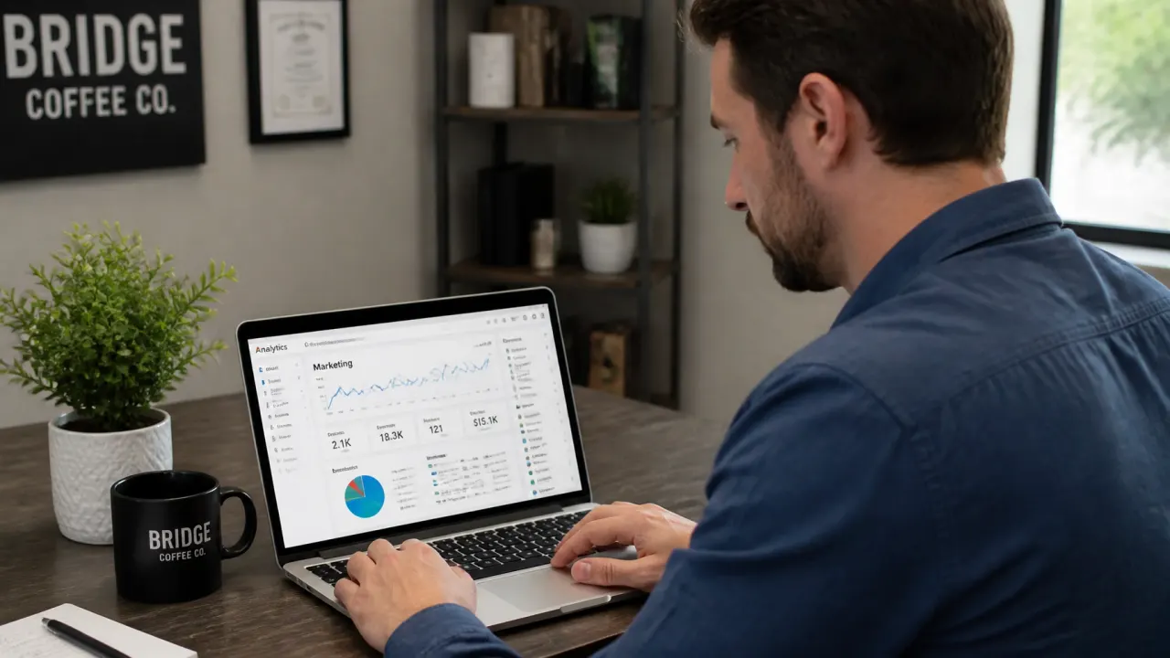 Local business owner reviewing online marketing performance and conversion analytics on a laptop in a clean office