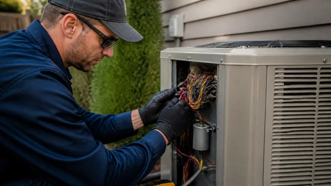 Close-up of a technician working on an outdoor residential AC condenser unit on a sunny day