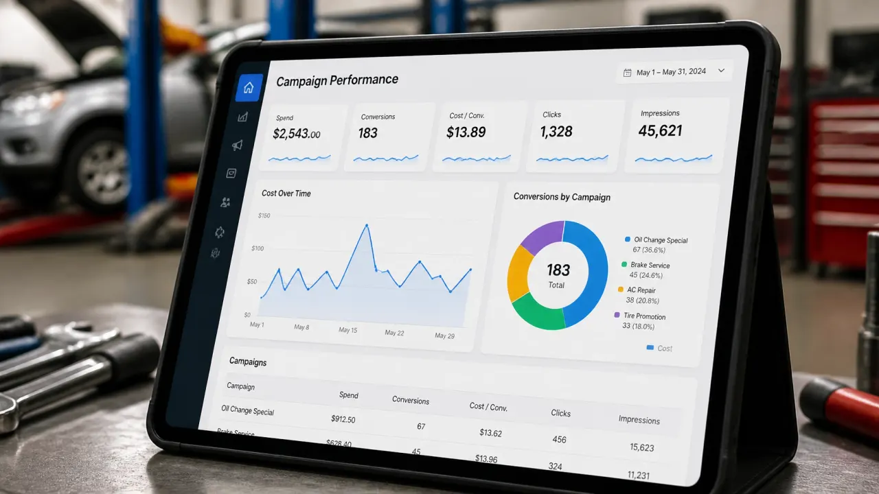 Close up of a digital tablet showing campaign performance metrics and cost graphs in an auto repair workshop