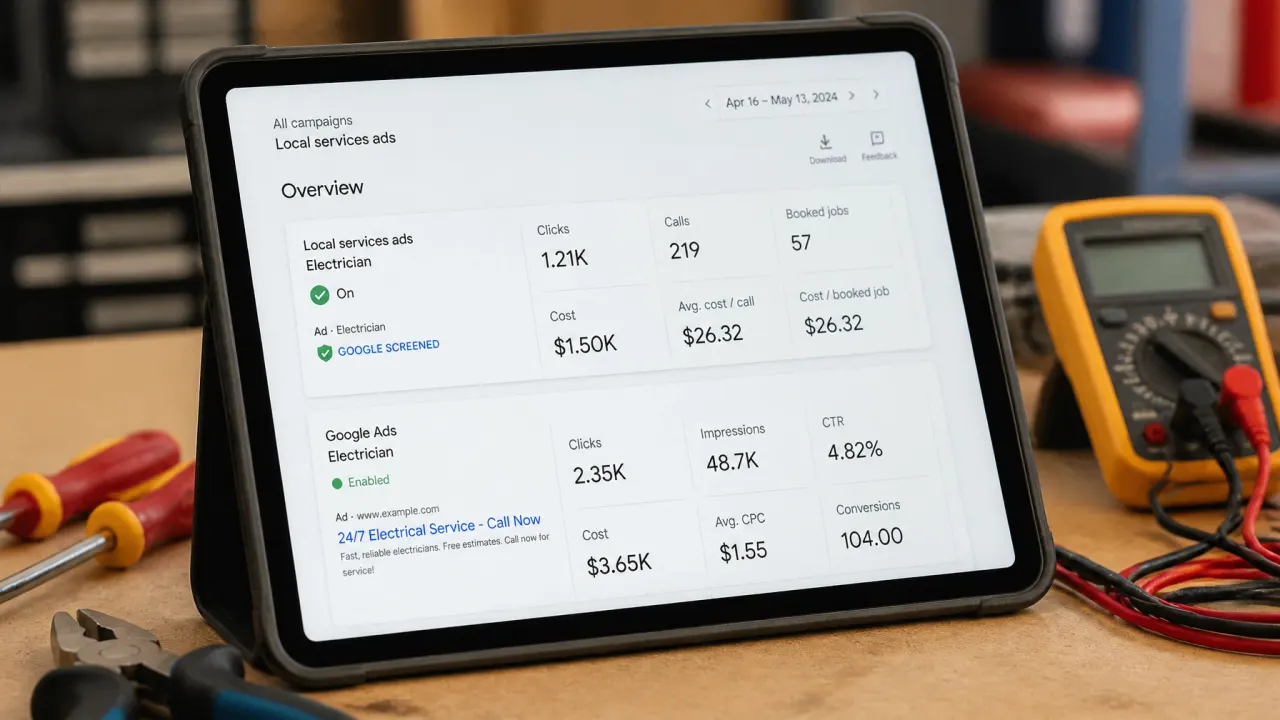 A close-up of a tablet showing local service ads and Google search ad metrics for electrical services.