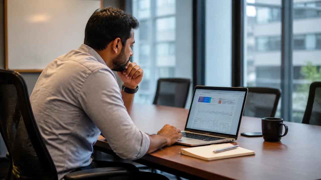 A professional South Asian man in business casual attire sitting at a conference table with an open laptop showing a search campaign analysis, with a coffee cup and notebook on the table in natural window light.