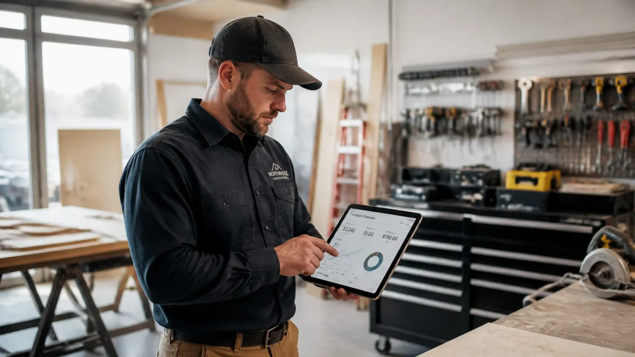 Home service contractor reviewing lead metrics on a tablet in a workshop