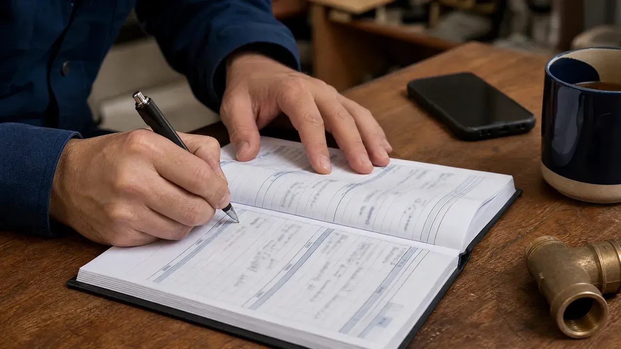 Hands writing a booked plumbing service appointment into an appointment book