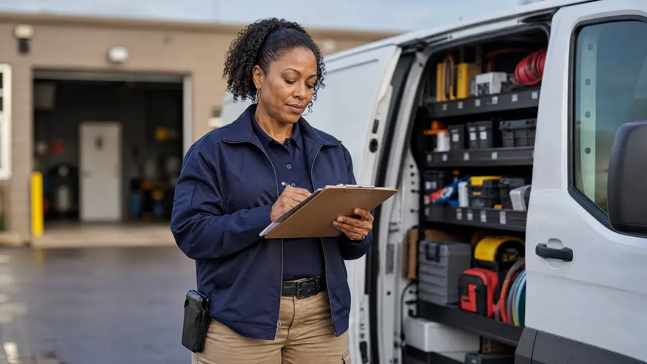 Black woman who owns a home services company reviewing the day's schedule beside her work van