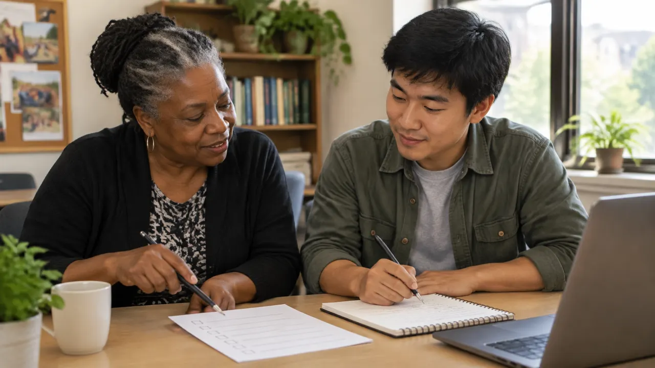 Nonprofit director and volunteer reviewing a campaign checklist at a simple office desk