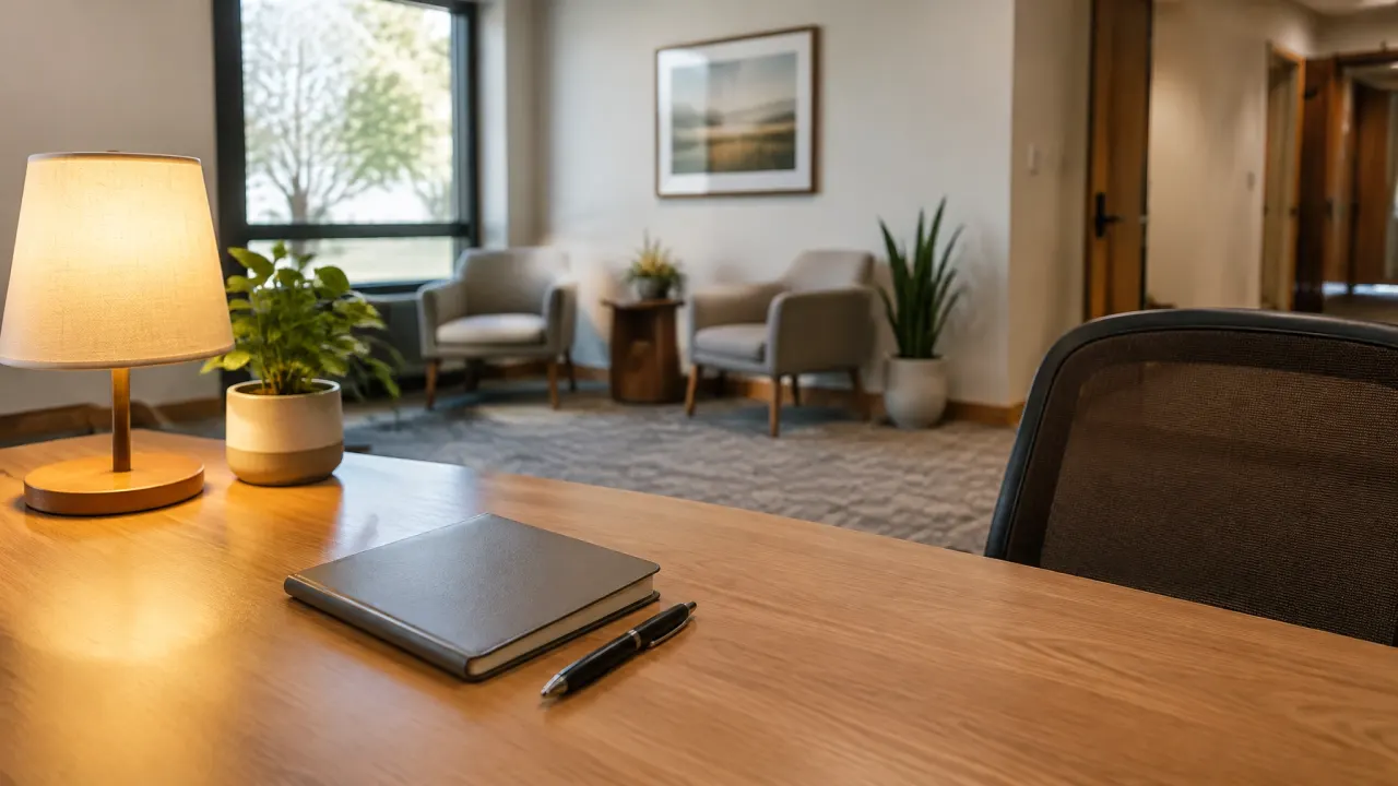 Quiet intake desk with a closed notebook and lamp in an empty treatment center reception area