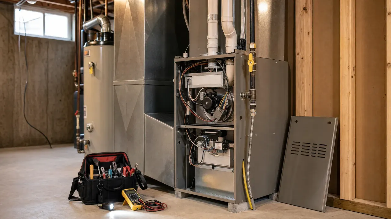 Gas furnace opened for service in a residential basement, with a technician's tools on the floor
