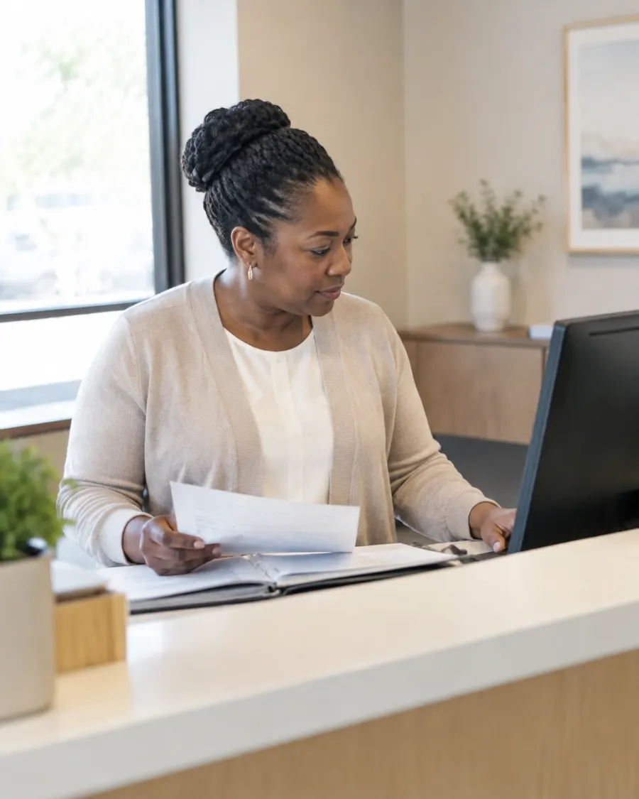 A dental practice manager reviewing an appointment schedule at the front desk
